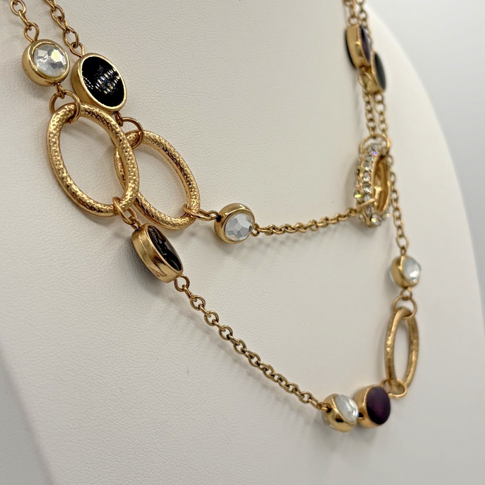 J Lo Gold Tone Black Plum Oval Cabochon Long Station Layering Necklace - Picture 3 of 6